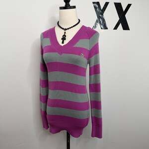 Y2K Lacoste Fuchsia Gray Wide Stripe V Neck Tunic Sweater Made in France 6